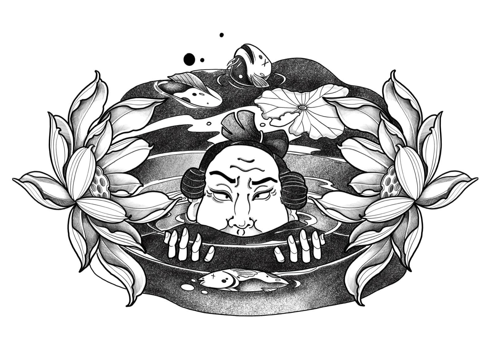 Tattoo Entwurf für die Brust — Gesicht zwischen Lotusblüten und Wasser, schwarz-grau, von Kisha