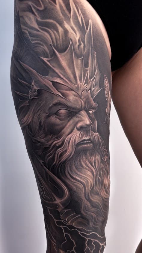 Poseidon Tattoo Bein München — Iren Black & Grey Realismus