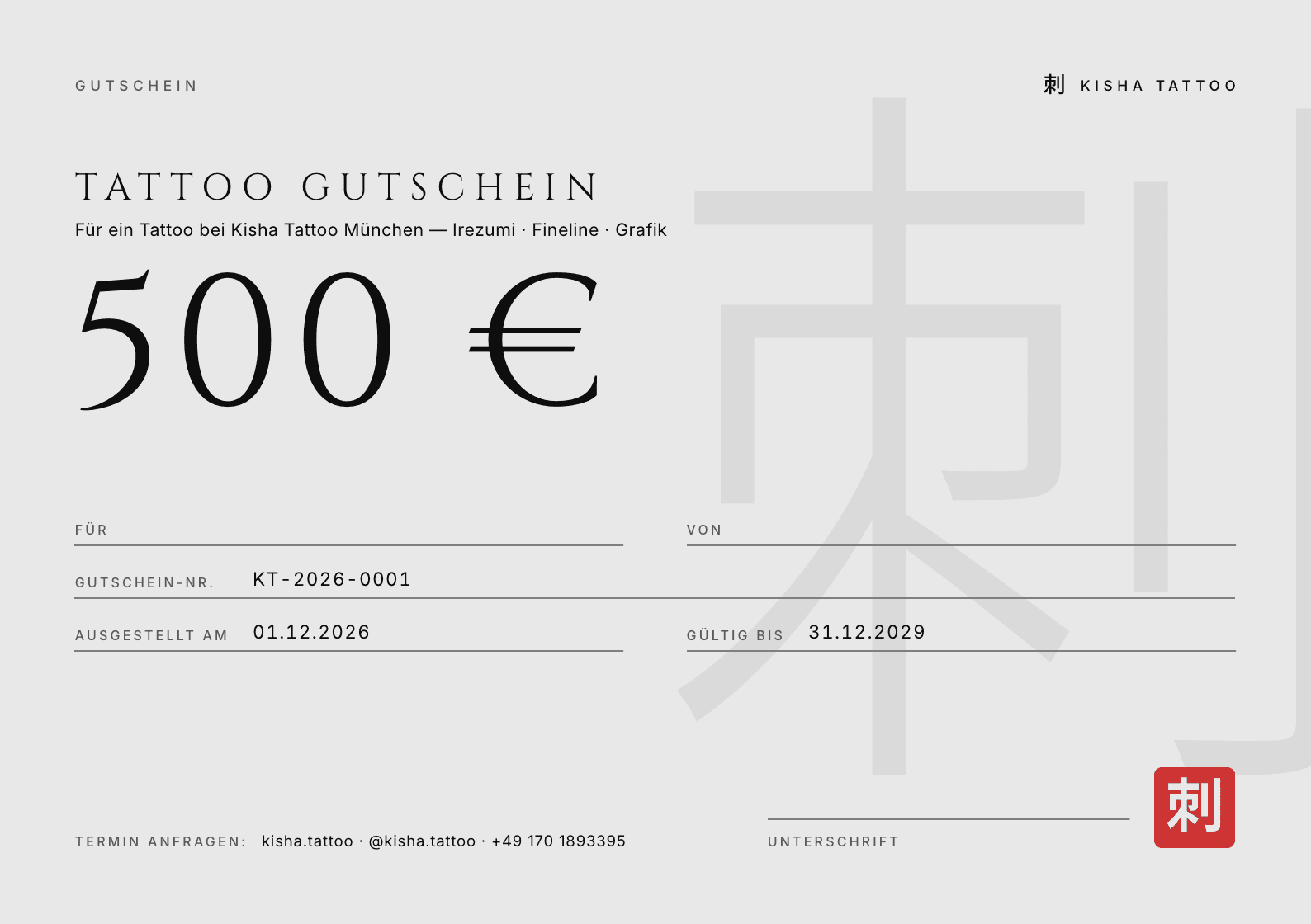 Tattoo Gutschein €500 — Kisha Tattoo München