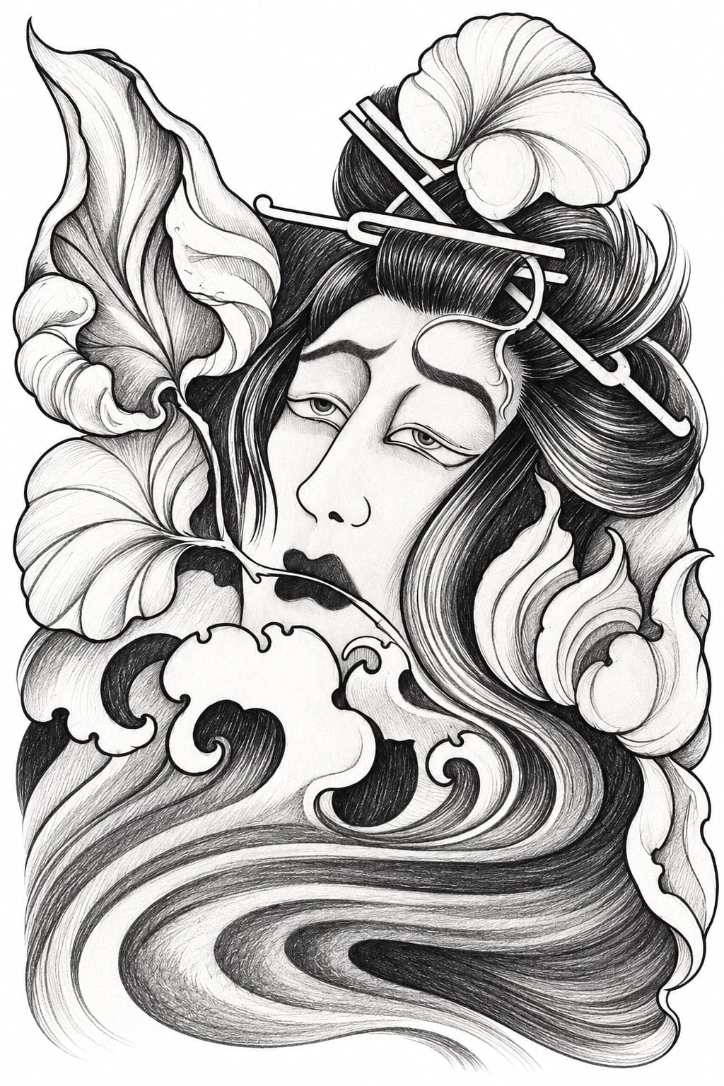 Tattoo Entwurf für den Oberschenkel — Frau mit Kanzashi im Haar, das Haar wird zu Wellen, Blätter und Blüten, schwarz-grau, von Kisha