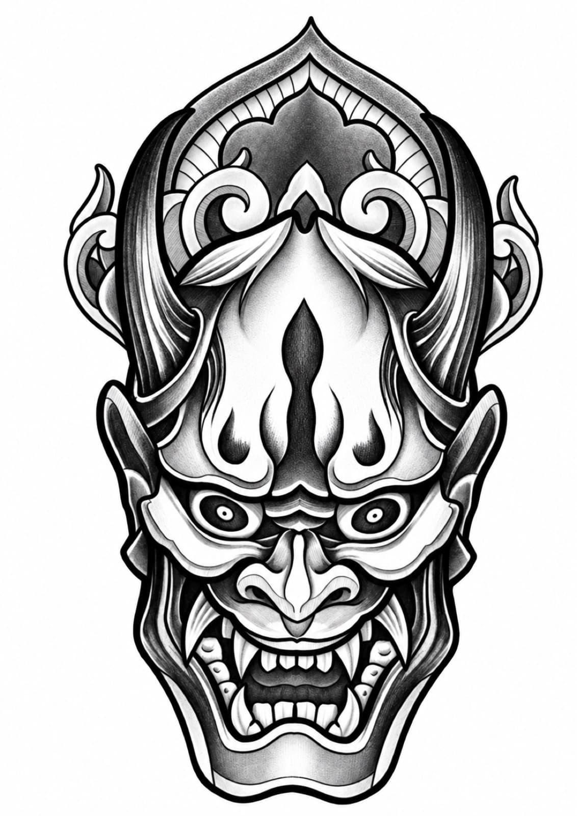 Tattoo Entwurf für den Rücken — Hannya Maske mit Hörnern und Ornament, schwarz-grau, von Kisha